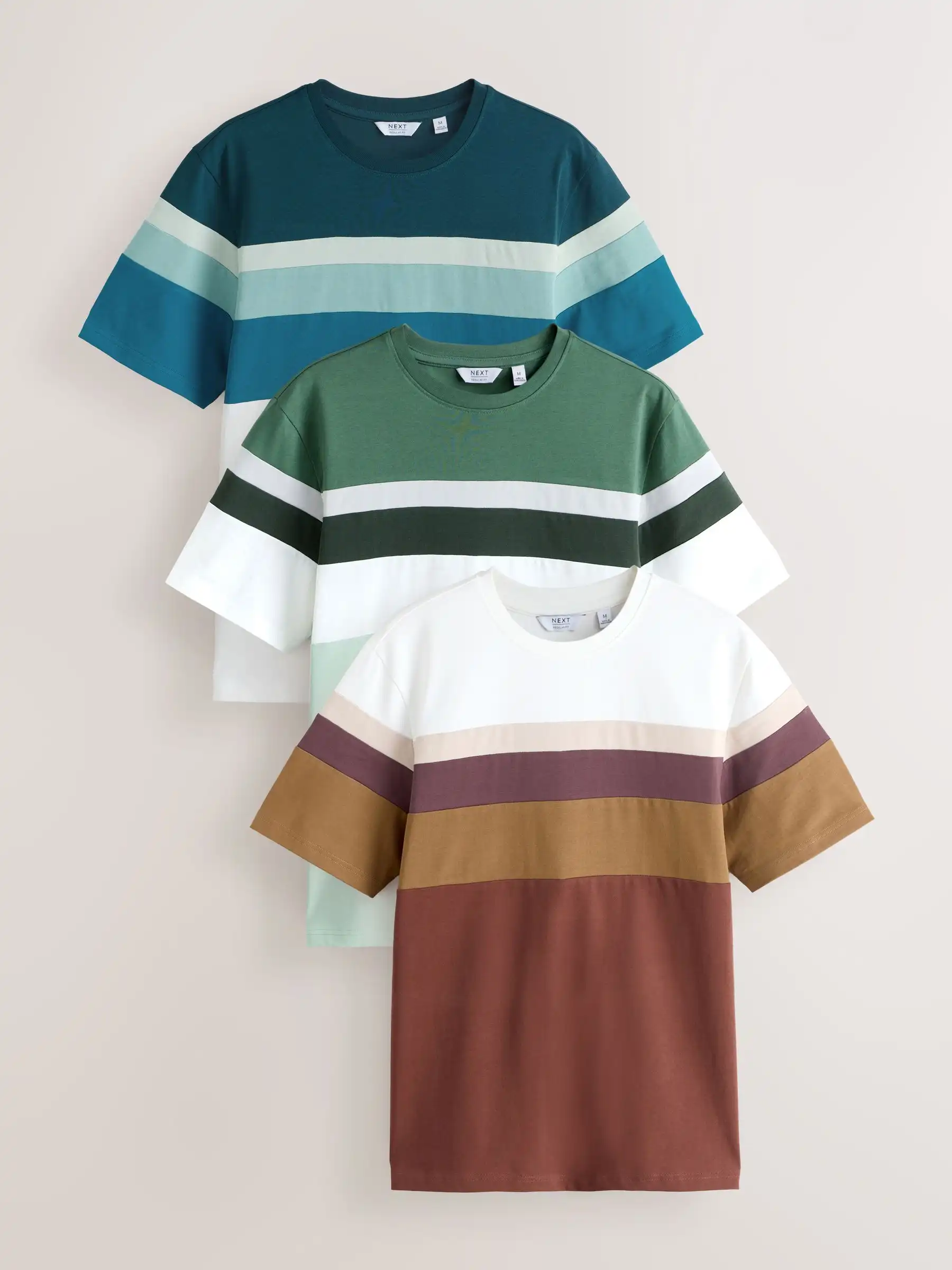 Blue/Green/Neutral Regular Fit Colour Blocking T-Shirts 3 Pack - Size XS